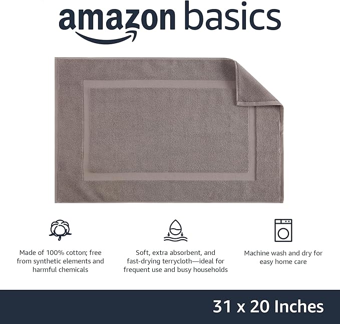 Amazon Basics Banded Bathroom Bath Rug Mat, Machine Washable, 100% Cotton, 31" x 20", Light Gray