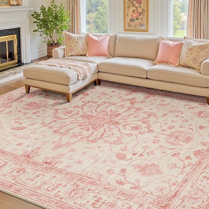 RELEANY Area Rugs 8'x10' Washable Non-Slip, Floral Vintage Distress Medallion Carpet for Living Room Bedroom Dining Room, Pink Light Vintage Pink