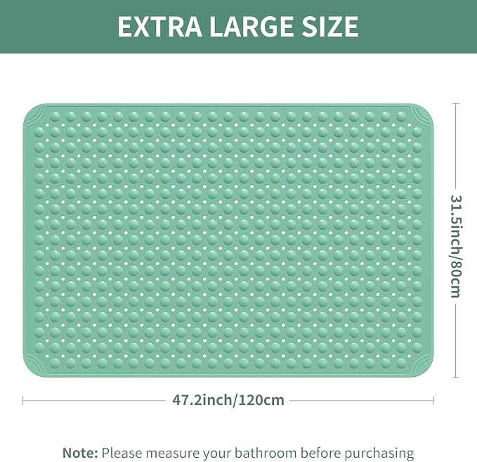 Yolife Extra Large TPE Shower Mat, 47.2" L x 31.5" W Anti Slip Bath Mat with Drain Holes and Suction Cups, Large Size Mat More Suitable for Shower Stall, No Odor, Heavy Mat (Green, 47.2" x 31.5")