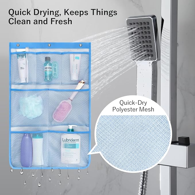 F-color Cruise Essentials 2026 - Mesh Shower Organizer Hanging with 7 Pockets for RV Gym Camping, Quick-Dry Portable Toiletry Bag with Metal Hooks for Bathroom Travel Toiletries, Blue+Blue