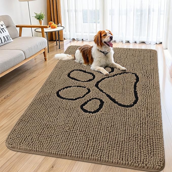 Smiry Dog Door Mat for Muddy Paws, Absorbent Dirt Trapper Non Slip Quick Dry Washable Chenille Mat for Mud Dogs, Entry Rug for Indoor and Outdoor (59x32 Inches, Camel and Black)