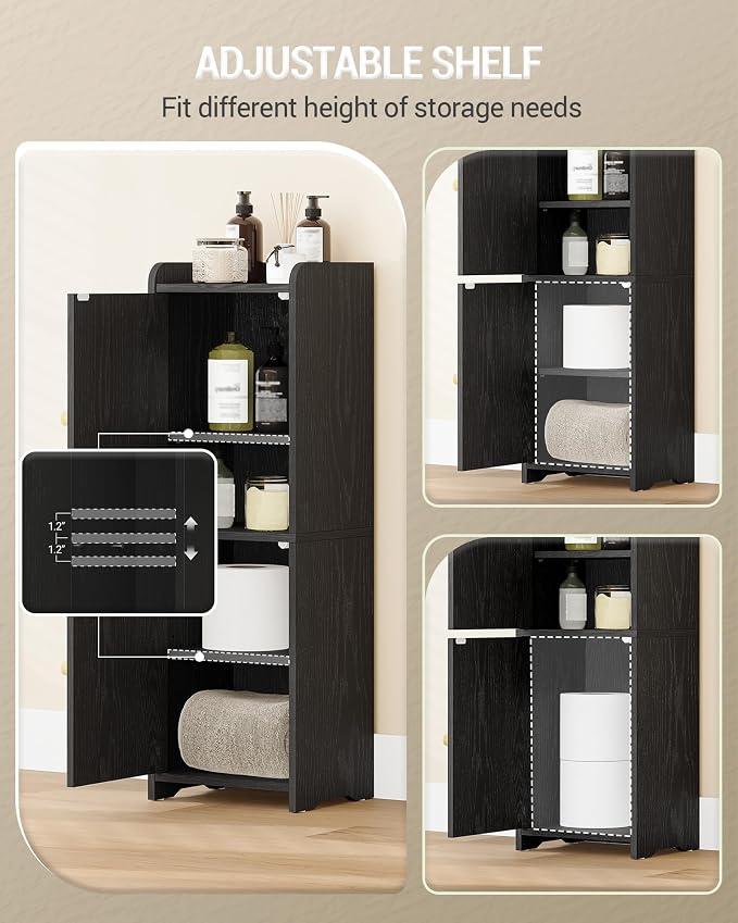 Hzuaneri Bathroom Storage Cabinet, Small Corner Floor Cabinet with 2 Doors and Adjustable Shelf, Narrow Toilet Paper Cabinets, Bathroom Organizer for Small Spaces, 7.9" D x 9.8" W x 29.5" Rattan Black