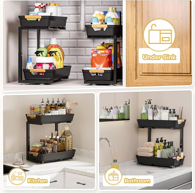Homde 2-Tier Under Sink Organizer: 2pcs Set Adjustable Pull Out Drawer Undersink Cabinet Storage Rack for Home Kitchen Bathroom