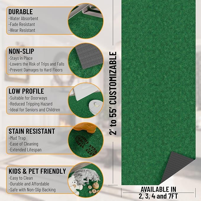 Ottomanson 6'6" x 38' Hallway Runner - Extra Durable Non-Slip Rug Mat for Indoor & Outdoor Use - Ideal for Kitchen, Entryway & Garage - High-Traffic Carpet, Green