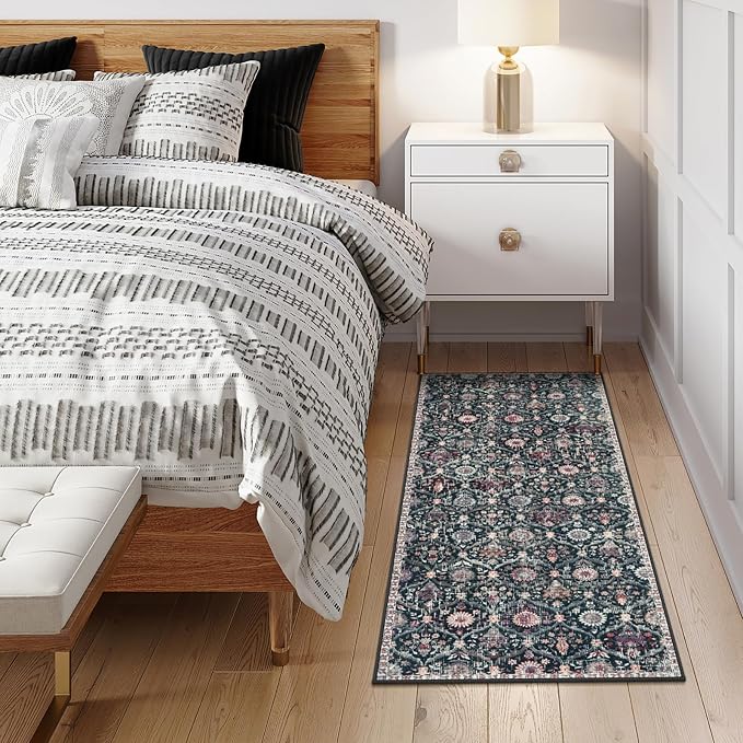 Lahome Moroccan Trellis Kitchen Runner, 2x5 Rug Runners for Hallways Non Slip Laundry Room Rug, Ultra-Thin Washable Vintage Carpet for Bedroom Bathroom Elise, Black/Multi