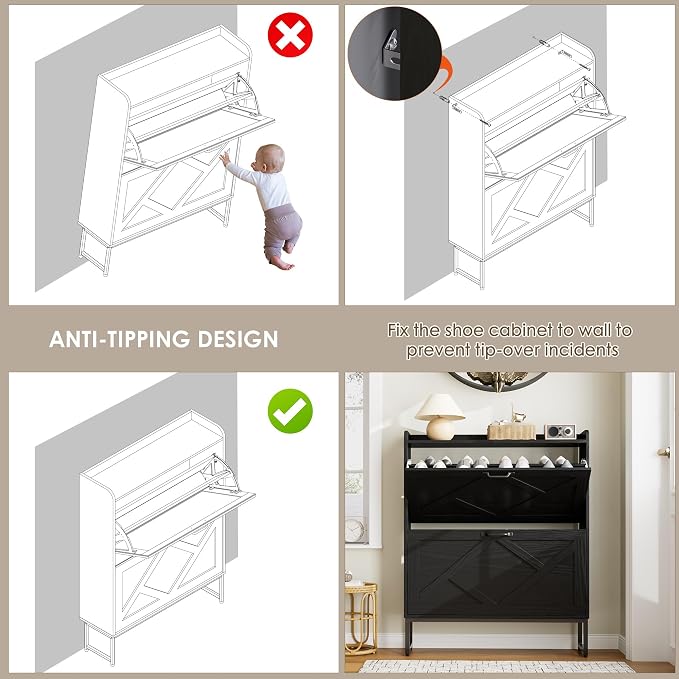 Nicetree Shoe Storage Cabinet with 2 Flip Drawers, Freestanding Shoe Organizer, Shoe Cabinet with Metal Legs, Narrow Shoe Rack Cabinet, Farmhouse Slim Shoe Cabinet for Entryway, Foyer, Hallway, Black