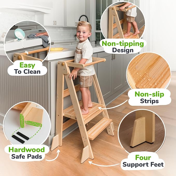 OCODILE Adjustable Foldable Toddler Tower – Folding Tower for Kids | Montessori Toddler Kitchen Step Stool Helper for Independence - Varnished