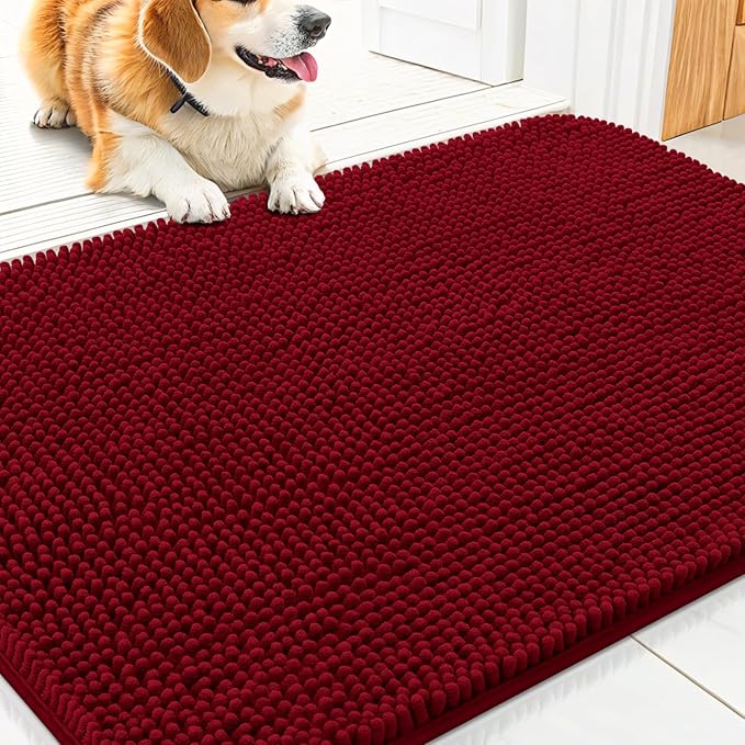 Smiry Dog Door Mat for Muddy Paws 30x20, Absorbent Dirt Trapper, Non-Slip Washable Chenille Entryway Rug for Inside Floor, Red, Classic Solid