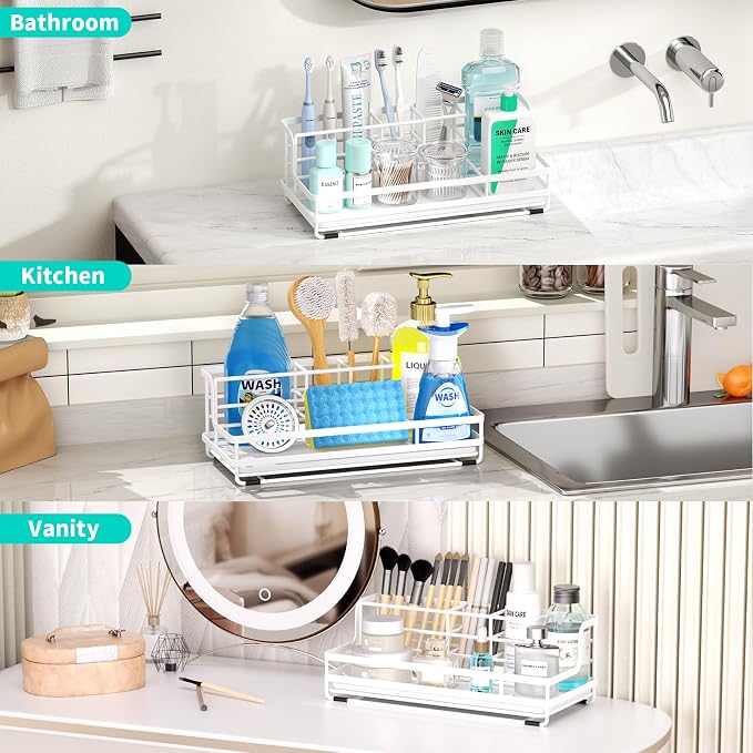 HapiRm Toothbrush Holders for Bathroom - 5 Partitions Bathroom Counter Organizer with Instant Drying Stone, Stainless Steel Countertop Storage Electric Toothbrush Toothpaste Holder - White(Large)
