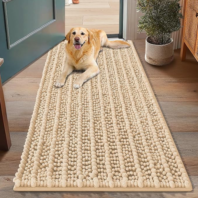 Smiry Dog Door Mat for Muddy Paws 48x30, Absorbent Dirt Trapper, Non-Slip Washable Chenille Entryway Rug for Inside Floor, Beige, Layered Pattern