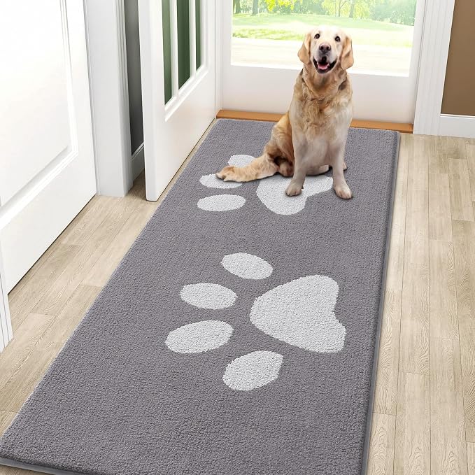 Smiry Dog Door Mat for Muddy Paws, Absorbs Moisture and Dirt, Low-Profile Entryway Mat with Non-Slip Backing, Entry Indoor Outdoor Doormat for Inside Floor (59x24 Inches, Light Grey, Paw)