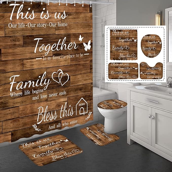 4Pcs Family Shower Curtain Sets with Non-Slip Rugs, Toilet Lid Cover and Bath Mat, Brown Home Bathroom Decor Set Accessories Waterproof Shower Curtains with 12 Hooks, 72 x 72 Inch