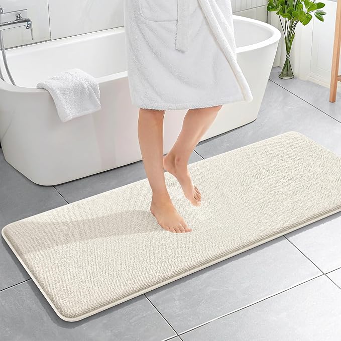 OLANLY Thick Memory Foam Bathroom Runner Rugs 59x20, Extra Soft Absorbent Long Bath Rug, Quick Dry Bath Mats, Non-Slip, Machine Washable Mat for Bathroom, Tub and Shower, Home Decor Accessories, Ivory