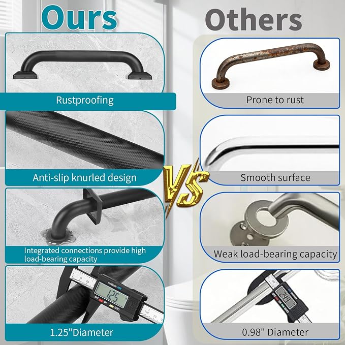 Shower Grab Bars for Seniors, 24 Inch Square Matte Black Bathroom Handle for Wall, Stainless Steel Anti Slip Bathtub Safety Bar, ADA Compliant 500 LBS Hand Rail for Elderly, Handicap