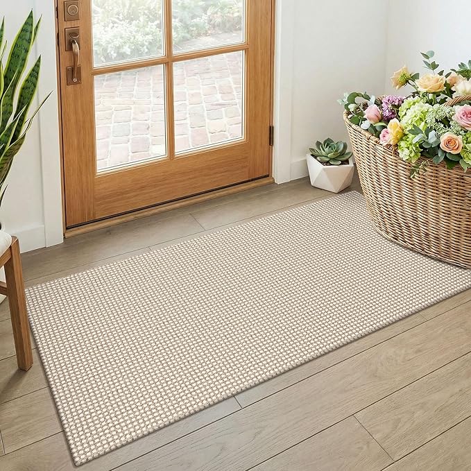 KOZYFLY 2x4 Entry Runner Rug, Small Washable Runners for Entryway, Non Slip Door Mat Indoor Entrance, Front Porch Carpet for Foyer, Kitchen, Bedroom, Bathroom, Ivory/Camel/Brown