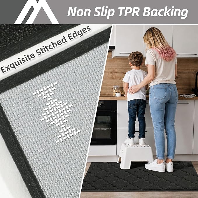 COSY HOMEER-Kitchen-Rugs 20"x48" Non-Slip Absorbent Soft Kitchen Runner Rug Polyester Kitchen Mats for Floor Washable Kitchens Standing Floor Mat for Sink Mat,Hallway,Laundry,Black