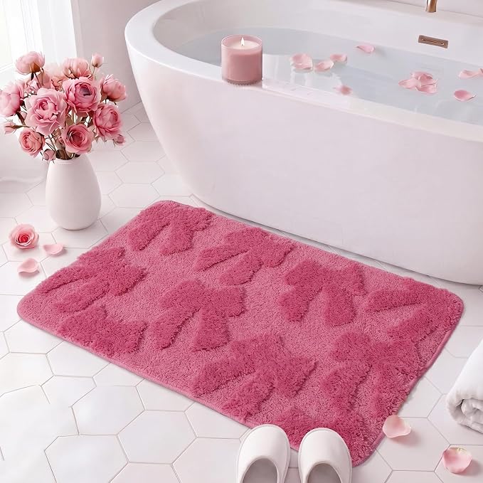 Capoda 1 Pcs Pink Bow Bathroom Rug 20 x 32 Inch Coquette Bath Mat Non-Slip Soft Plush Microfiber Coquette Shower Rug for Bathroom Bedroom Entryway Laundry Room Decor(Bow, Pink)