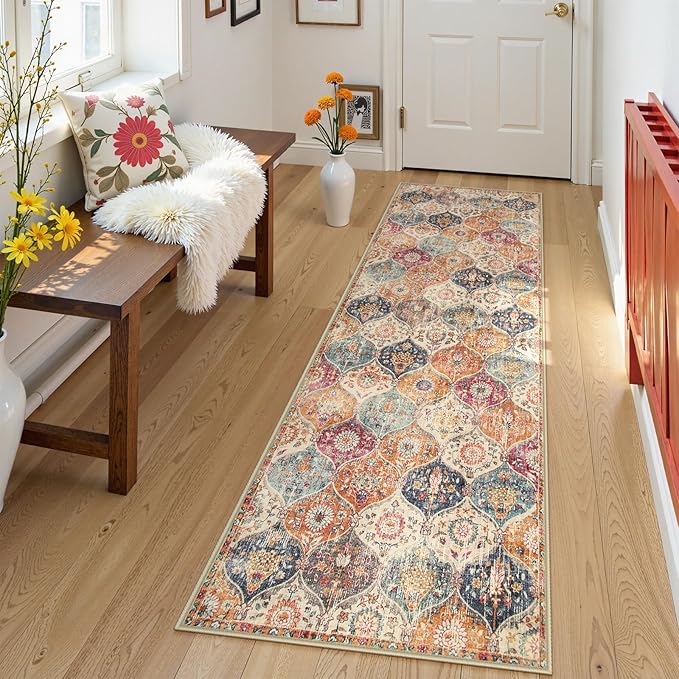 Lahome Moroccan Trellis Washable Runner Rug, 2x6 Kitchen Runners for Hallways 6 Feet Non Slip, Vintage Laundry Room Rug Ultra-Thin Carpet for Bathroom Bedroom Entryway Elise, Cream/Multi