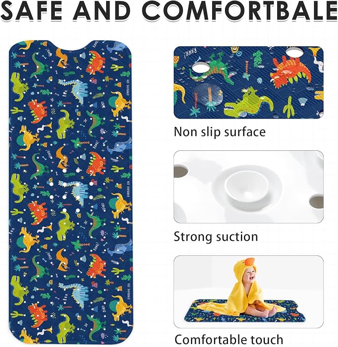 Baby Bath Mat for Tub for Kids, Cute Dino Animal 40 X 16 Inch Extra Long Toddler Bathtub Non Slip Cartoon Dinosaurs Shower Mat for Tub Anti Slip with Suction Cups and Drain Holes