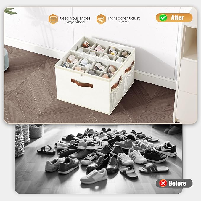 Budding Joy 2 Pack Shoe Organizer for Closet, Clear Foldable Shoe Storage Containers Adjustable Dividers Fits 16 Pairs,Shoe Storage Bins Baskets Boxes with Reinforced Handles Beige