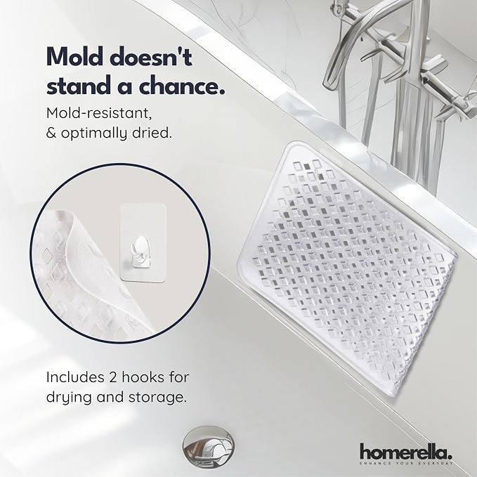 Bathtub Mat Non Slip 35x16 - homerella® Bath Mat Incl. Hooks for Drying, Extra Long, 100% BPA Free, Shower Mat Non Slip Anti Mold, Machine Washable, Shower Mats for Inside Shower Mildew Resistant