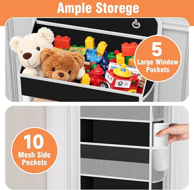 WISELIFE Over the Door Organizer - 5 Shelves Large Capacity Hanging Bedroom Storage Solution with Side Pockets for Dorm Bathroom Pantry Nursery and Baby Essentials Holds up to 40 Lbs Black