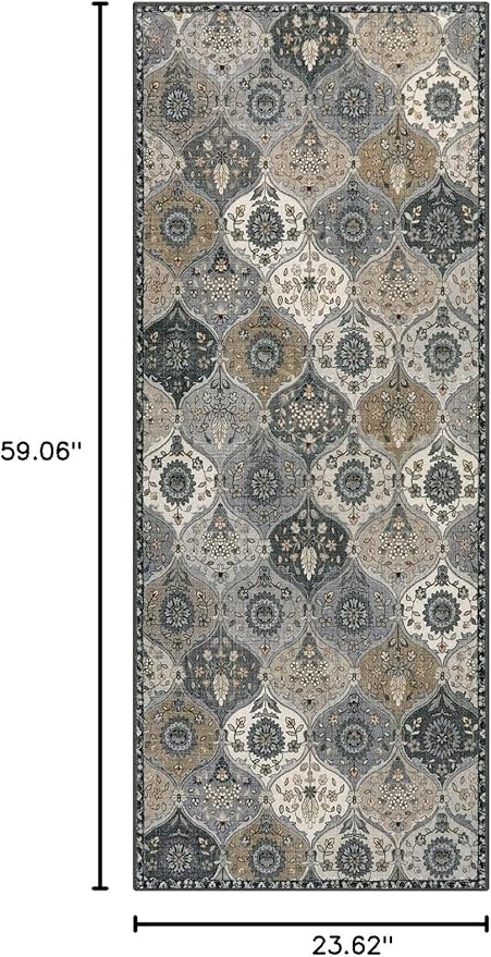Lahome Moroccan Trellis Kitchen Runner Rug, 2x5 Washable Runners for Hallways Non Slip Soft Hallways Rug Ultra-Thin Vintage Long Carpet for Bedroom Bathroom Elise, Grey