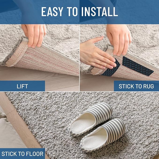 Everlasting Comfort Area Rug Gripper for Hardwood Floors - No Damage Non Slip Rug Pads, Floor to Carpet Tape for Holding Rugs in Place, Washable and Reusable, Double Sided Anti Slip Tape - 8 Pack