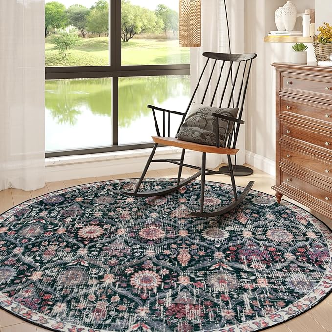 Lahome Moroccan Trellis Washable Round Area Rug, Round Rug 5ft Soft Non-Slip, Non-Shedding Distressed Circle Carpet for Bedroom Living Room Bathroom Nursery Kitchen Elise, Black/Multi
