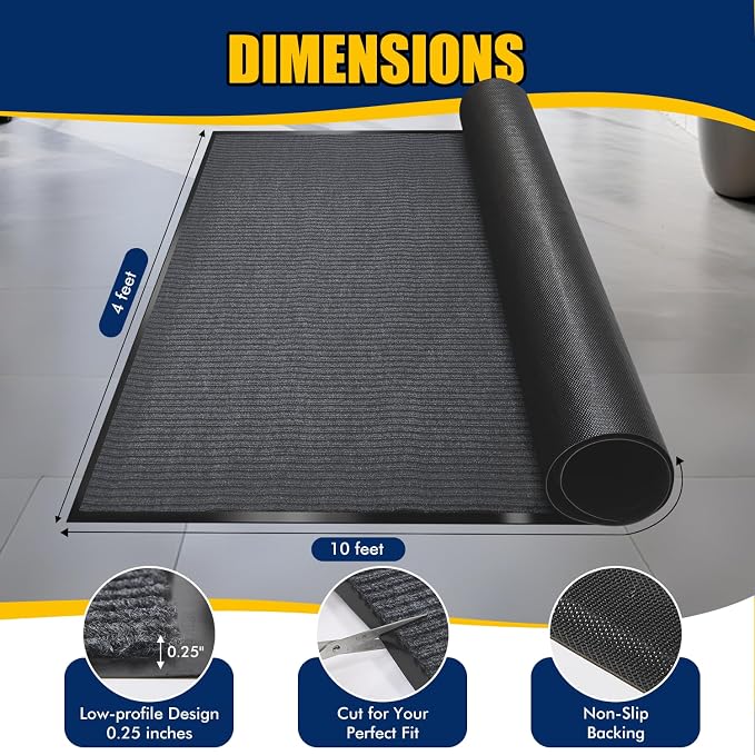 Extra Large Indoor/Outdoor Entrance Mat - 4 x 10 Feet, Rubber Border Door Mat Heavy Duty, Waterproof, Low-Profile, Easy to Clean, Rubber Entry Mat, Commercial Floor Mat, Charcoal Grey