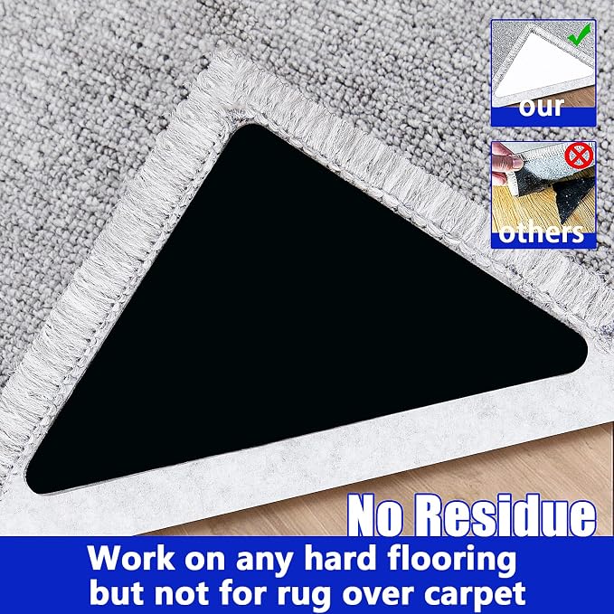 Rug Tape,12 Pcs Dual Sided Washable Removable Rug Stopper for Area Rug, Non Slip Adhesive Prevent Curl for Hardwood Floors and Carpet Corners