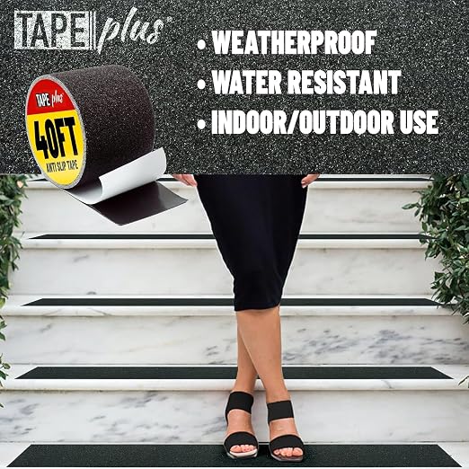 TapePlus Grip Tape for Stairs - 4 in x 40 ft, Black - 80-Grit Waterproof Traction Tape for Indoor & Outdoor Steps - Tread & Traction Strips for Steps