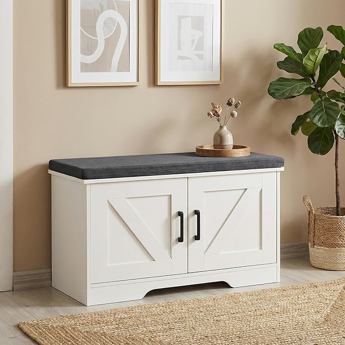 HOMSHO 2-Tier Storage Bench, 27.6" Wide Shoe Bench with Padded Seat Cushion, Entryway Bench with 2 Barn Doors and Adjustable Shelf, White