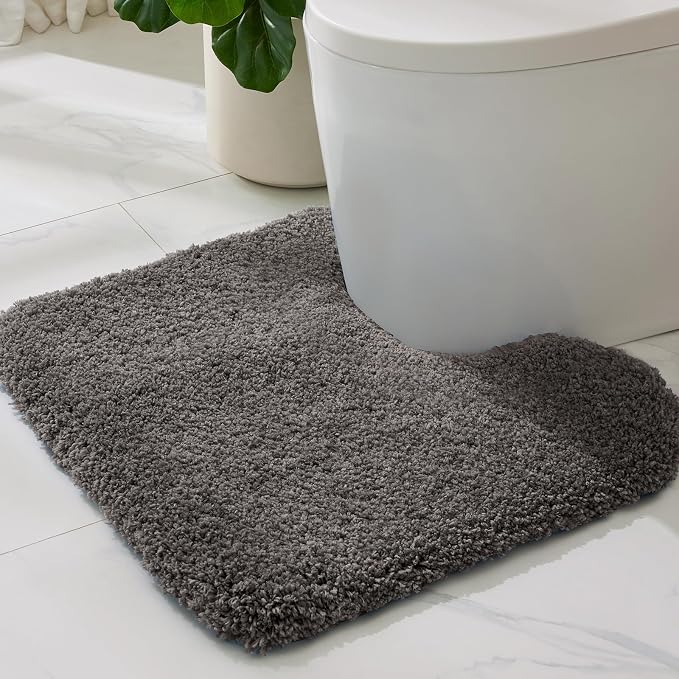 ILANGO Dark Gray Toilet Rugs U Shaped 22" × 24" Non Slip & Super Absorbent Extra Thick Soft, Washable Bath Mats for Bathroom Floor, Microfiber Plush Shaggy Contour Bath Rugs for Toilet,Dry Quick