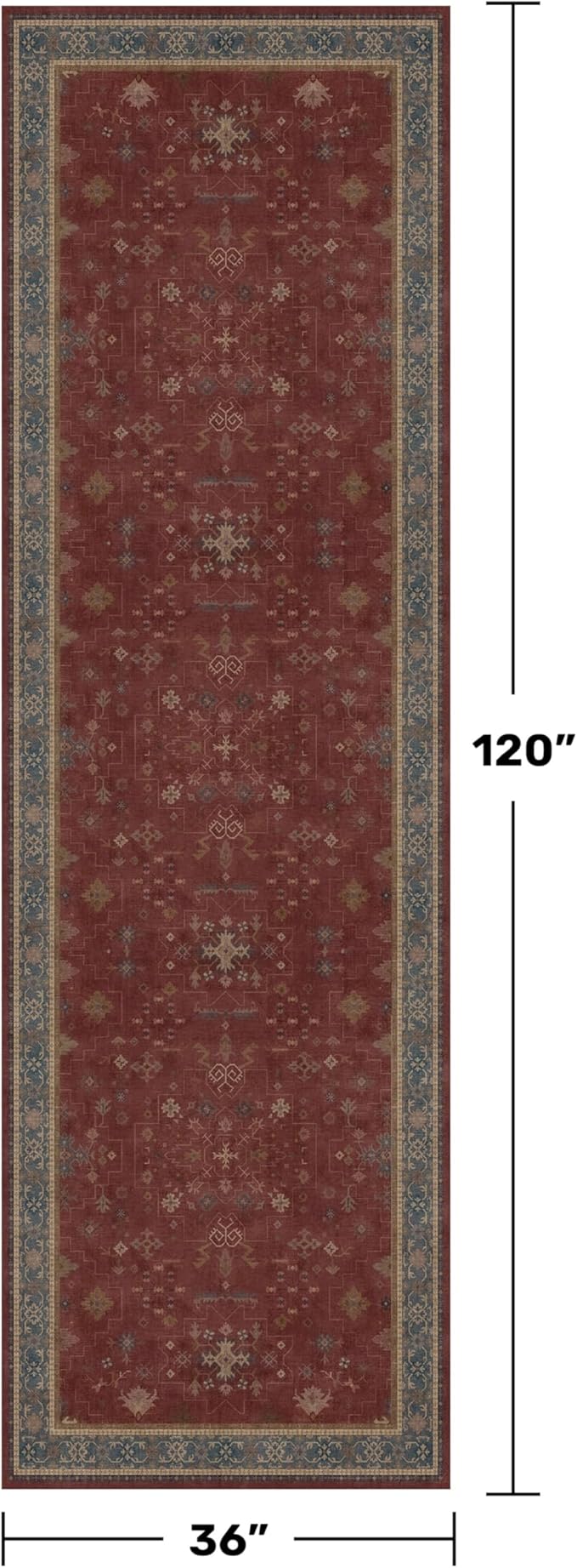 Burgundy 3x10 Long Runner Rug for Hallway - Washable Large Kitchen Rug, Low Pile Thin Carpet for Bedroom Bedside, Foyer, Non Slip Unique Bohemian Red Décor