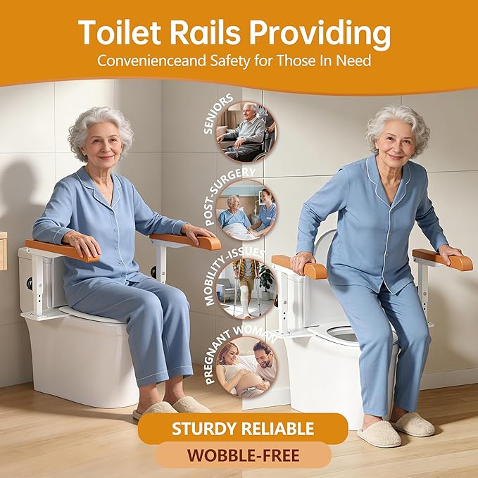 Simple Project 15.7" Toilet Safety Rails for Seniors, Flipped 90°＆Adjust Heigh Toilet Seat Handle, Super Sturdy 500LBS Toilet Safety Frame for Disabled or Mobility Issues, Grab Bars Arms(Brown)