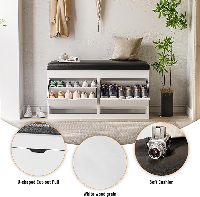40" Shoe Storage Bench with 2 Flip Drawers & Padded Seat Cushion, Shoe Cabinet with Lift Top Storage Box, Shoe Bench Shoe Organizer for Entryway, Hallway, Living Room, White