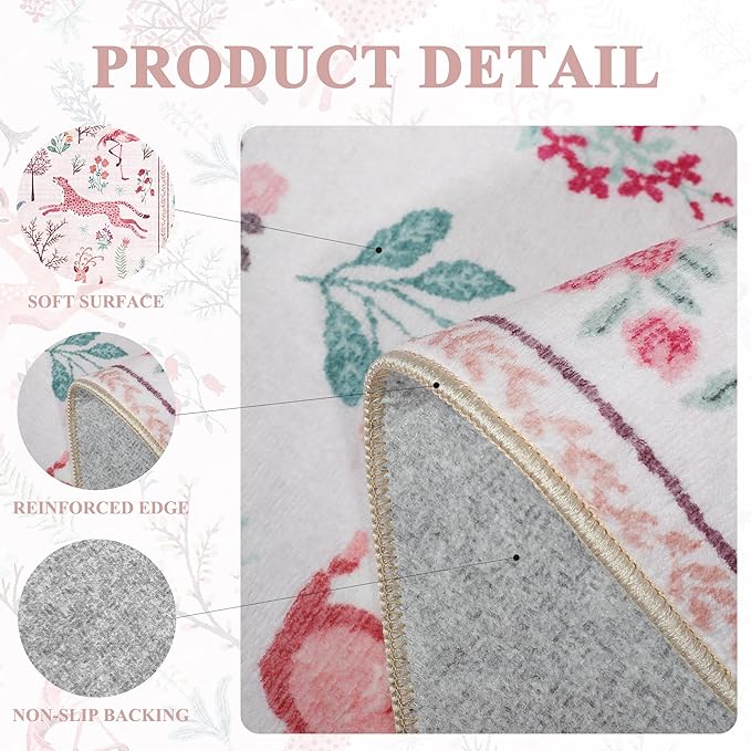 DUKINO 3x5 Rug, Washable Animal Area Rug with Non Slip Vintage Design, Indoor Soft Low Pile Carpet for Bedroom, Nursery, Dining Room, Farmhouse, Playroom, Pink