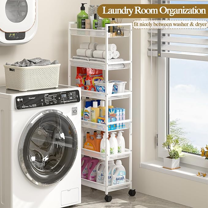 6 Tier Slim Rolling Storage Cart, Narrow Mobile Shelving Unit Organizer Utility Cart with Wheels, Metal Wire Storage Rack with Baskets for Kitchen, Bathroom, Laundry & Living Room, 10in(W) White