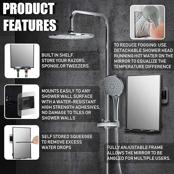 LFOYOU Shower Mirror for Shaving & Washing Your Face with a Squeegee - Built-in Two Razor Holder, 360°Rotation Adjustable Shaving Bathroom Mirror - Easy Install, Home Shower Accessory(Not Fogless)