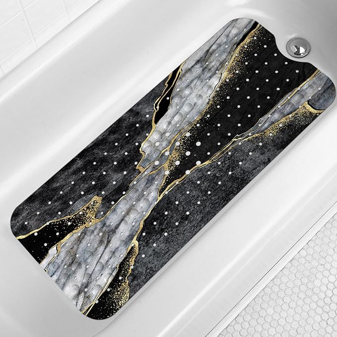 LNOND Marble Bath Tub Mat Non Slip, Extra Long 40 X 16 Inch Anti Slip Mat for Bathtub, Black Grey Luxury Marble Shower Mat with Drain Holes and Suction Cups, Machine Washable