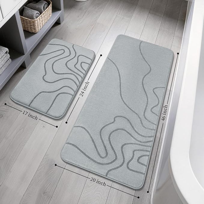 YIHOUSE Memory Foam Bathroom Rugs Sets 2 Piece - Extra Thick Ultra Soft Absorbent Bath Mat Set, Non-Slip Machine Washable Bath Rugs for Bathroom, Tub & Shower, Home Decor (17"x24"+20"x46", Grey)