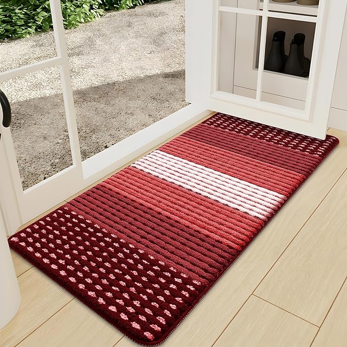 Kitinjoy Indoor Outdoor Door Mat, 47x24 Non-Slip Absorbent Dirt Trapper, Low-Profile Washable Inside Entrance Front Floor Mat, Sturdy Soft Entry Dotted Ombre Doormats for Entryway, Burgundy