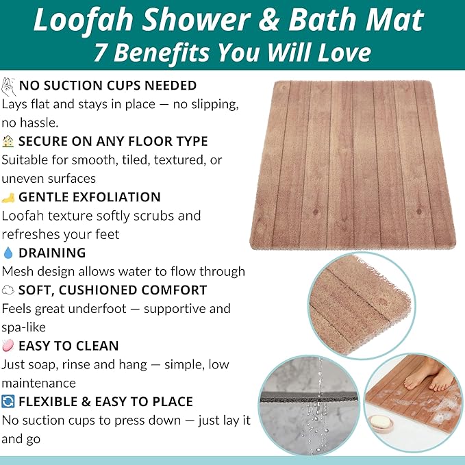Enkosi Loofah Non-Slip Shower Mat - Shower Floors, Bathtub, Bathrooms, Wet Areas - Cushioned Bath Mat with Drain Holes - Quick Dry PVC, Secure Safety Pad Without Suction Cups (32x24 Teak Wood)