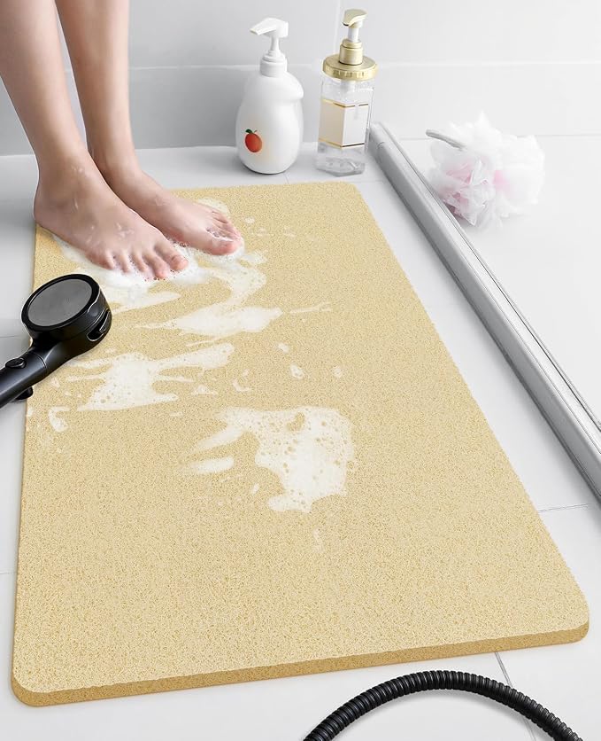OTHWAY Shower Mat Non Slip Without Suction Cups, Quick Drying Bathtub Mat Non Slip for Shower Bathroom, PVC Loofah Shower Mat for Wet Areas (Beige)