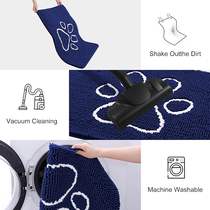 Smiry Dog Door Mat for Muddy Paws, Absorbent Dirt Trapper Non Slip Quick Dry Washable Chenille Mat for Mud Dogs, Entry Rug for Indoor and Outdoor (71x46 Inches,Navy Blue and White)