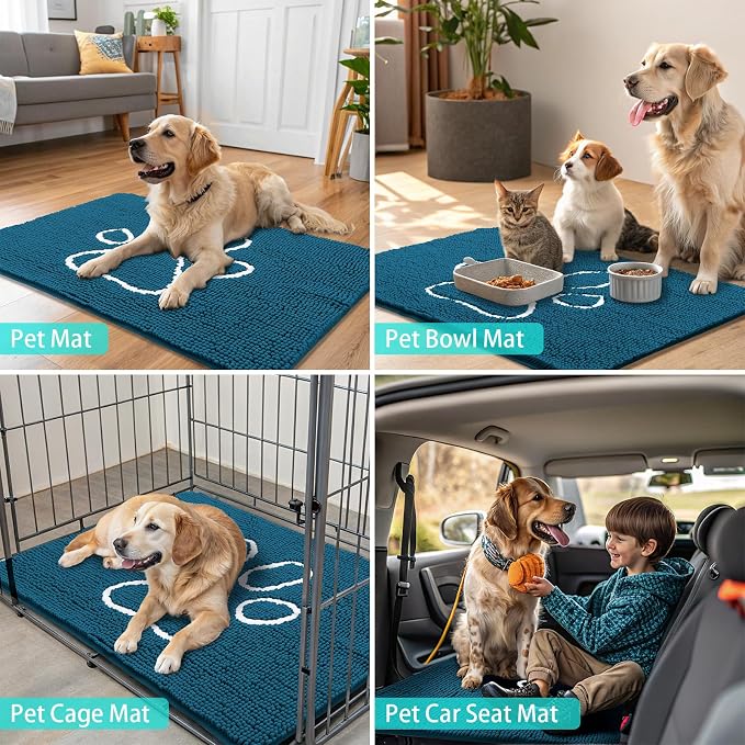 Smiry Dog Door Mat for Muddy Paws, Absorbent Dirt Trapper Non Slip Quick Dry Washable Chenille Mat for Mud Dogs, Entry Rug for Indoor and Outdoor (47x32 Inches, Atlantic Blue and White)