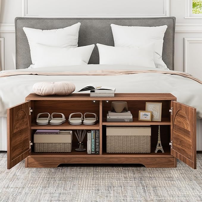 BERRYMERRY 39.4" Fluted Shoe Storage Bench for Entryway,2 Tier Shoe Cabinet Bench with Adjustable Shelf,Bench for Bedroom End of Bed (Walnut, 13.8”D x 39.4”W x 18.5”H)