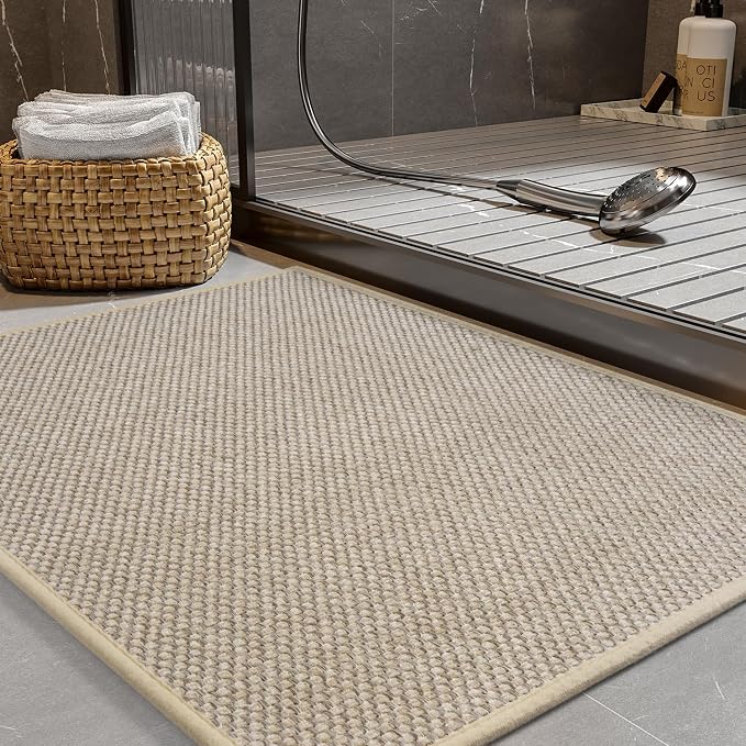 PADOOR Non-Slip Bath-Mats, Rubber-Backing Braided Absorbent Bathroom Mat Machine Washable Thin Bathroom Rugs Fit Under Door Quick Dry Bath Rugs for Floor, 17''x24'' Light Beige