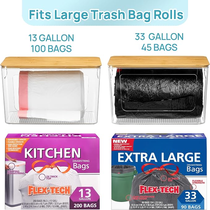 Vtopmart 2 Pack Trash Bag Holder with Bamboo Lid, Stackable Garbage Bag Dispenser for 13/30/33 Gallon Bags, Clear Organizer Bins for Under Kitchen Sink, Laundry Room Organization and Storage